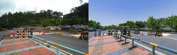 실제 고리 원전 앞 모습(왼쪽)과 VR화면 속 모습(오른쪽). - 안드로메다 스튜디오 제공
